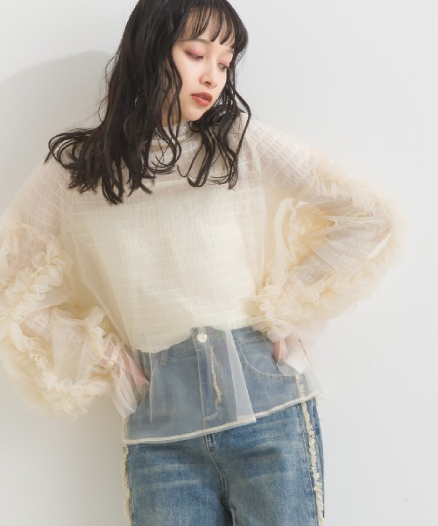 Ruffle Candy Sleeve Sheer Pullover ๐ฌ ็ณๆ่ท่่ข้ใๆ็ดไธ่กฃ
