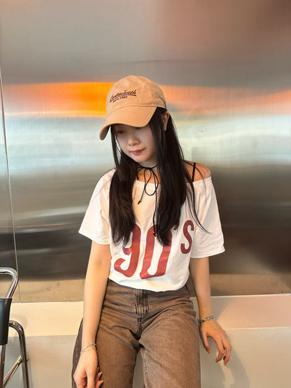 [hot girl kr.] 90’s Off-Shoulder Short Sleeve T-shirt 90’s露肩短袖T恤